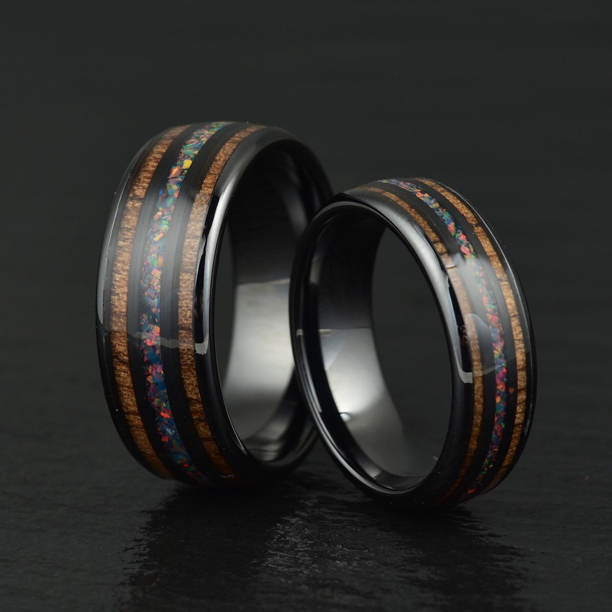 Opal Koa Wood Black Ceramic Men's Wedding Band 8MM - PRISTINE RINGS