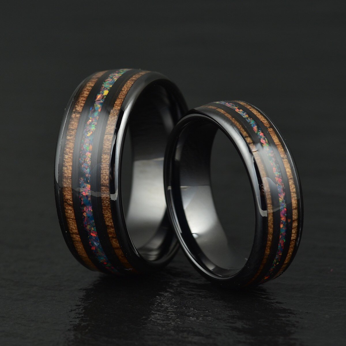 Opal Koa Wood Black Ceramic Men's Wedding Band 8MM