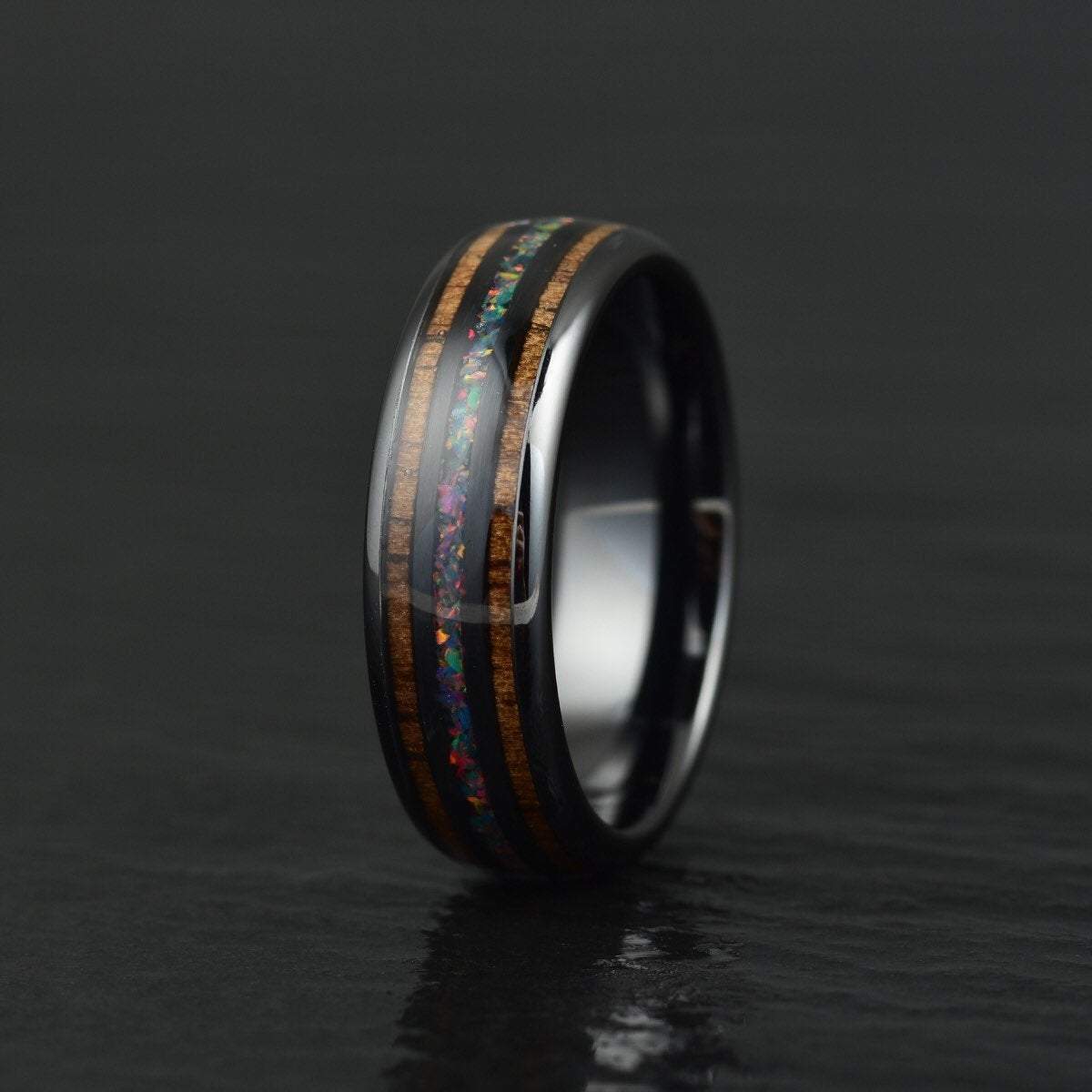 Opal Koa Wood Black Ceramic Men's Wedding Band 8MM - PRISTINE RINGS