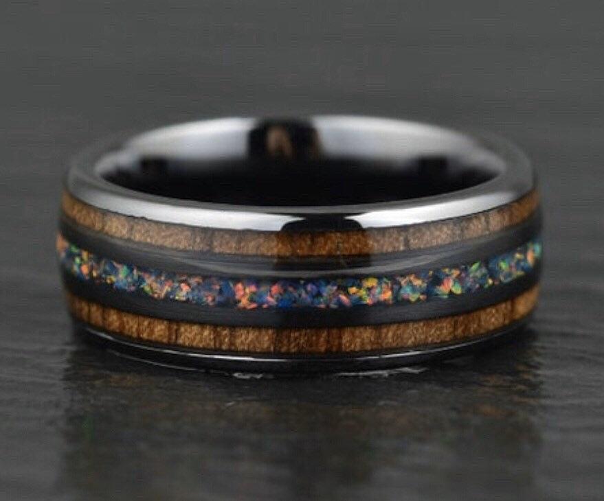 Opal Koa Wood Black Ceramic Men's Wedding Band 8MM - PRISTINE RINGS
