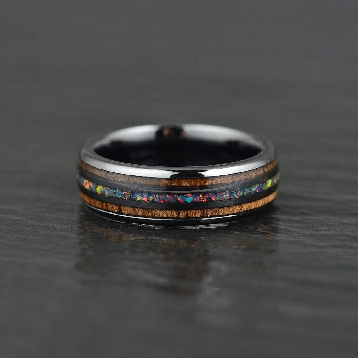 Opal Koa Wood Black Ceramic Men's Wedding Band 8MM - PRISTINE RINGS