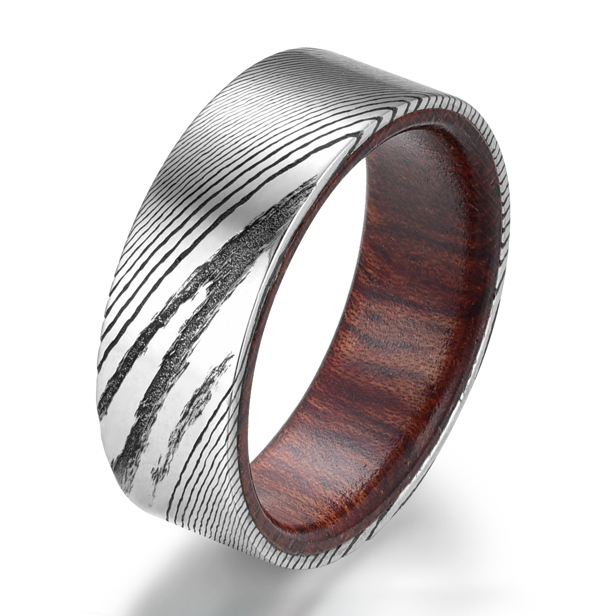 Damascus Rose Wood Burl Men's Wedding Band 8MM - PRISTINE RINGS