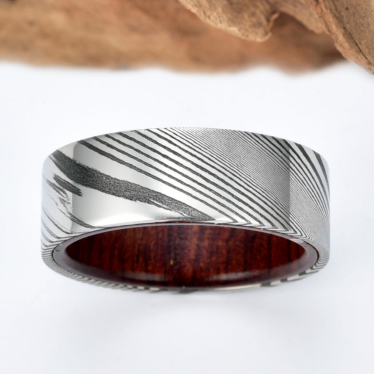 Damascus Rose Wood Burl Men's Wedding Band 8MM - PRISTINE RINGS