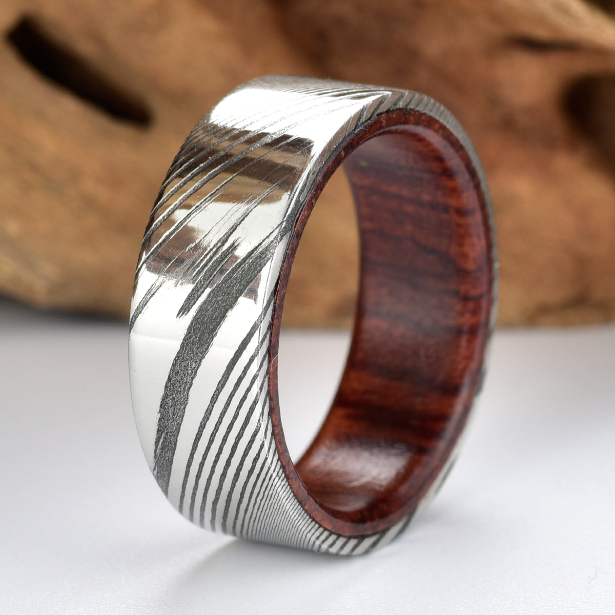 Damascus Rose Wood Burl Men's Wedding Band 8MM - PRISTINE RINGS