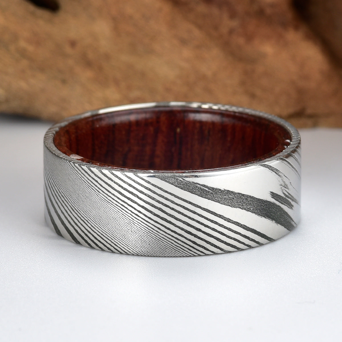 Damascus Rose Wood Burl Men's Wedding Band 8MM - PRISTINE RINGS
