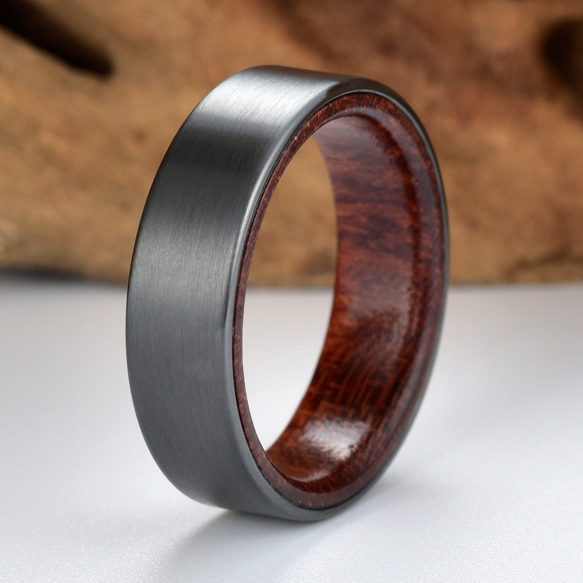Zirconium Rose Wood Men's Wedding Band 6MM - PRISTINE RINGS