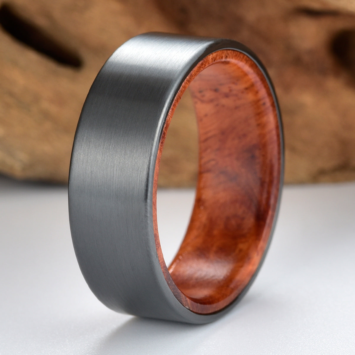 Zirconium Rose Wood Burl Men's Wedding Band 8MM - PRISTINE RINGS