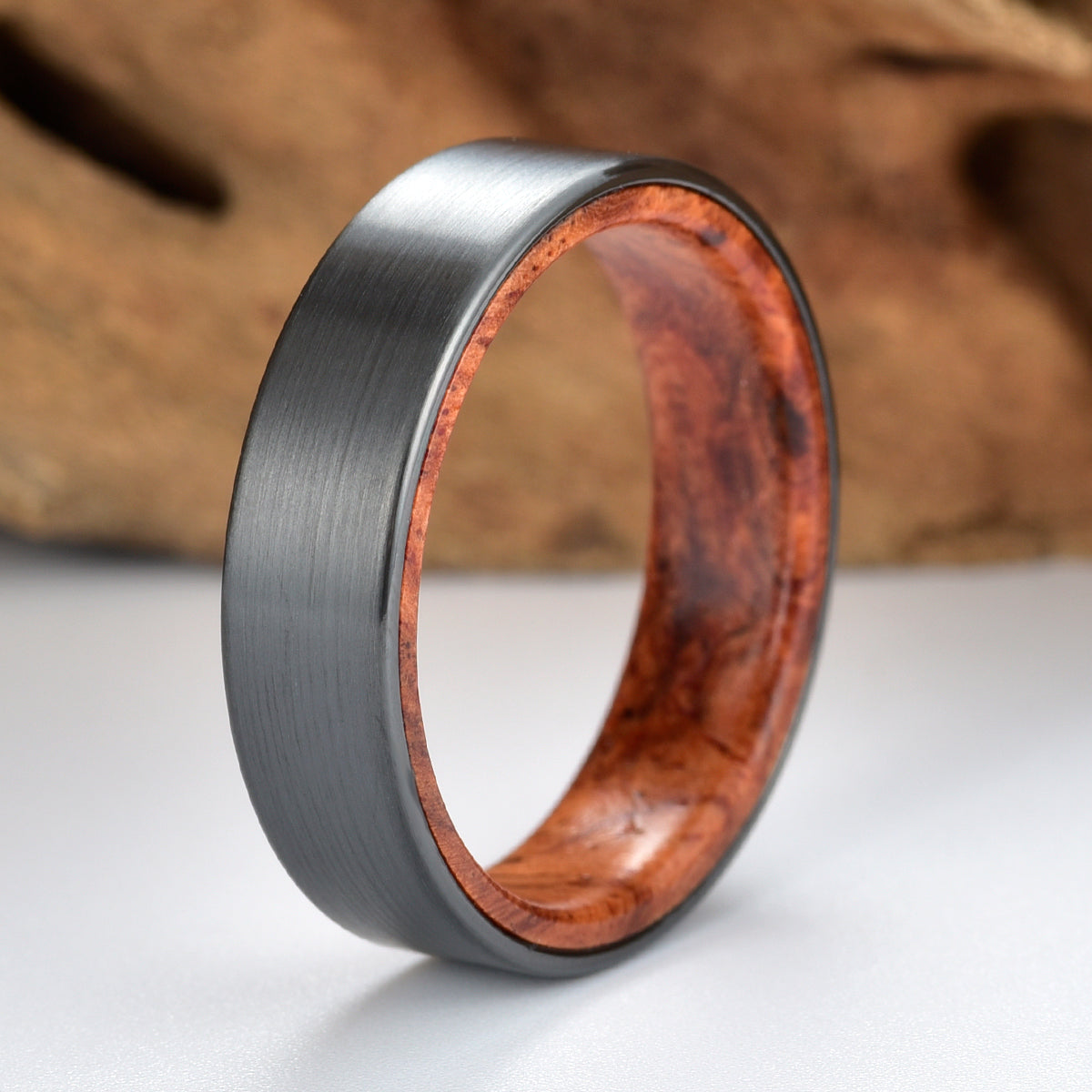 Zirconium Rose Wood Burl Men's Wedding Band 6MM - PRISTINE RINGS