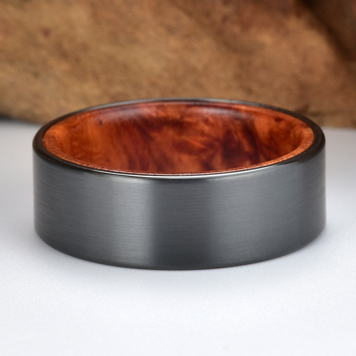 Zirconium Rose Wood Burl Men's Wedding Band 8MM - PRISTINE RINGS