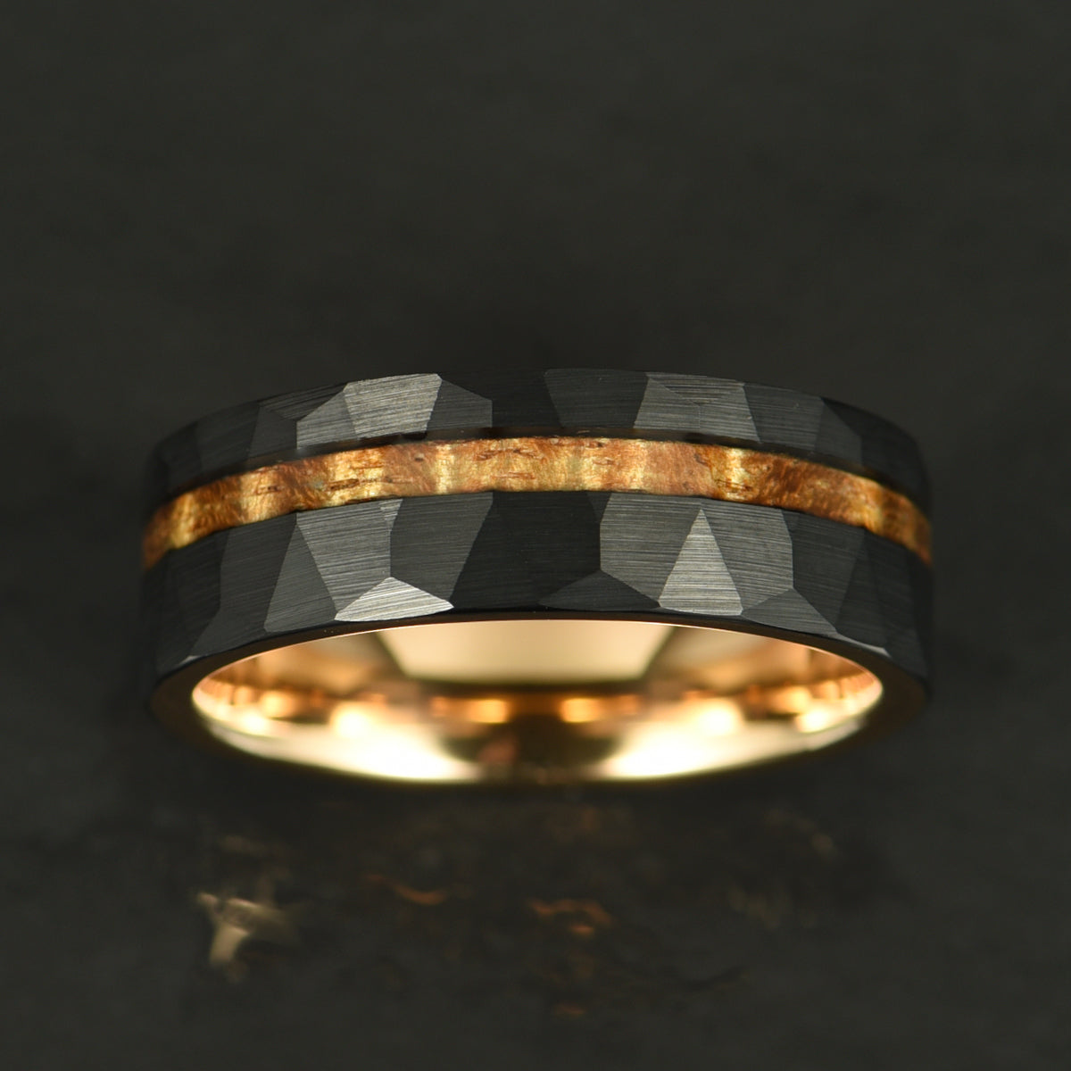 Hammered Tungsten Rose Tungsten Interior Koa Wood Inlay Men's Wedding Band 8MM