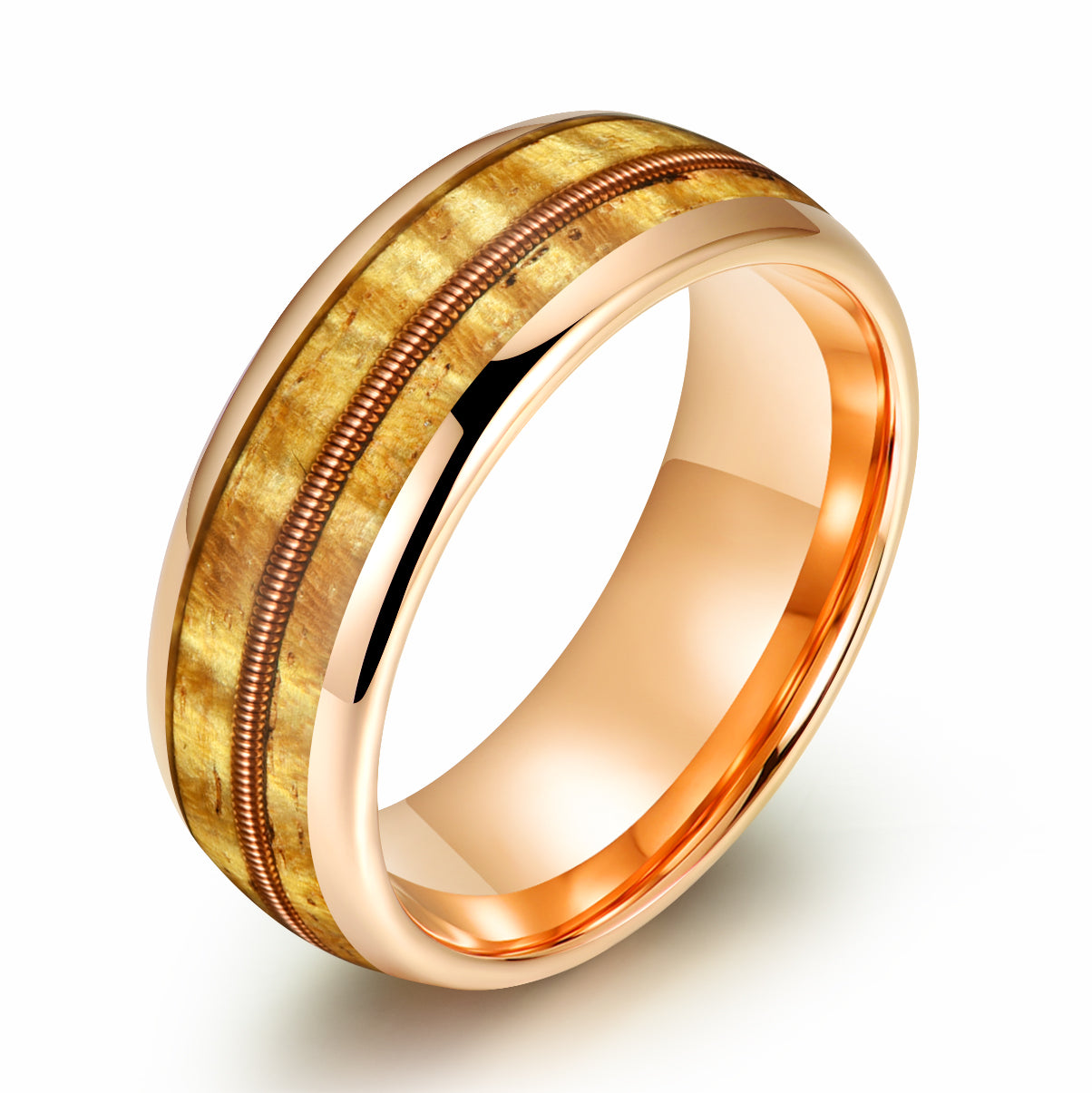 Rose Tungsten Koa Wood Guitar String Inlay Couples Wedding Band Set - PRISTINE RINGS