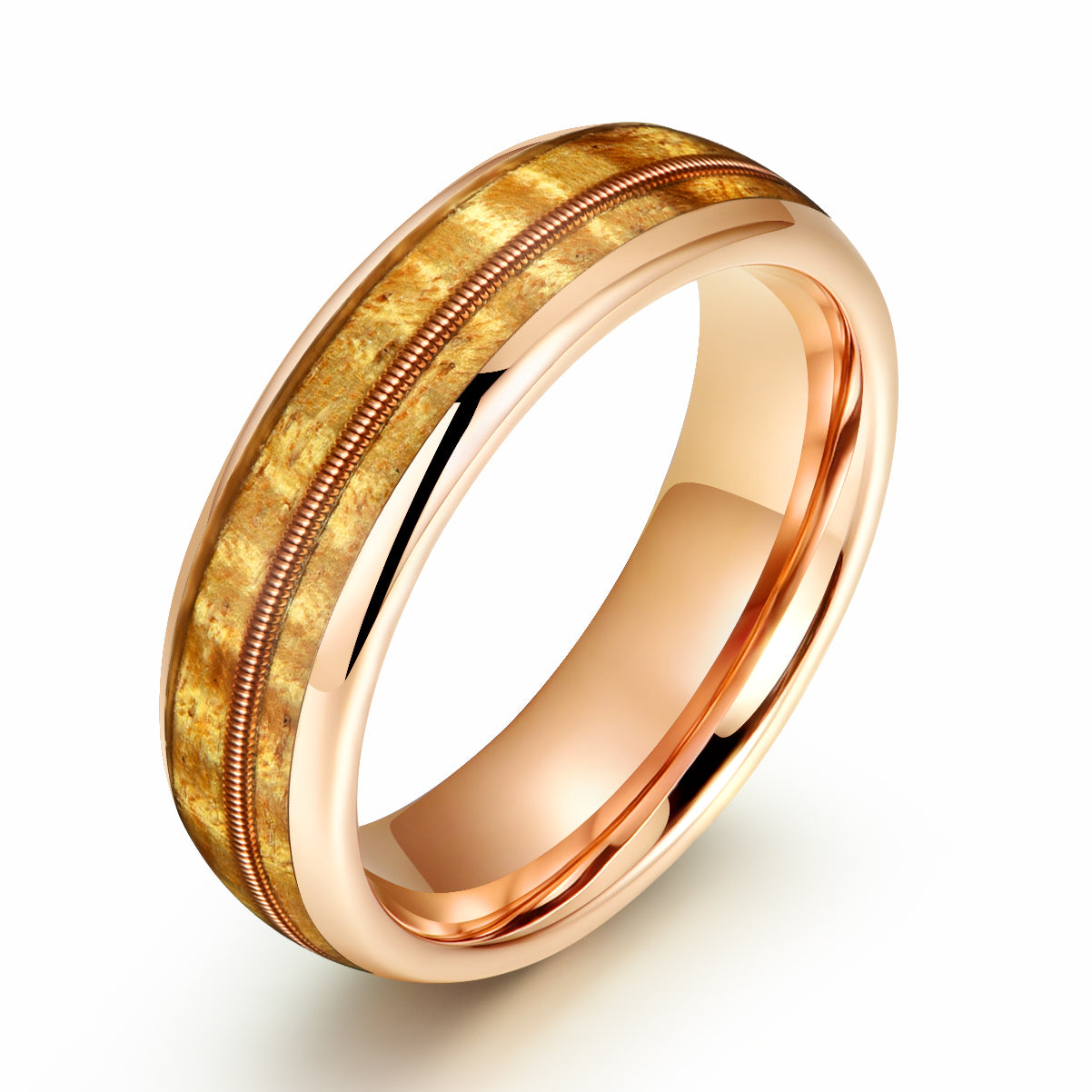 Rose Tungsten Koa Wood Guitar String Inlay Couples Wedding Band Set - PRISTINE RINGS