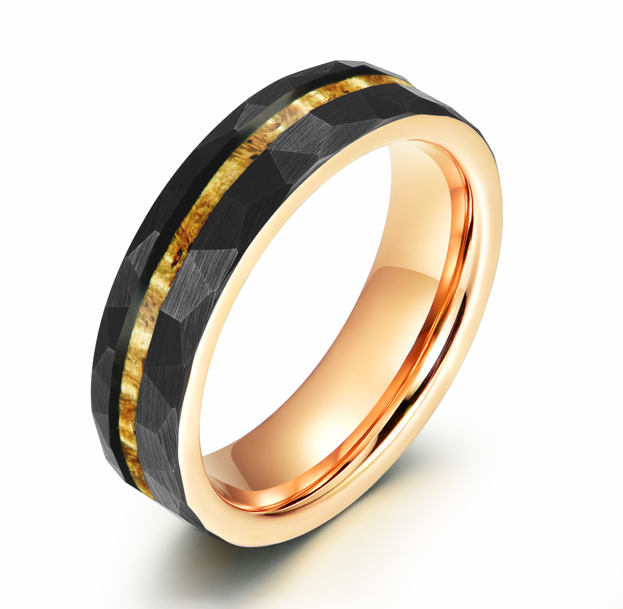 Hammered Tungsten Rose Tungsten Interior Koa Wood Inlay Men's Wedding Band 6MM