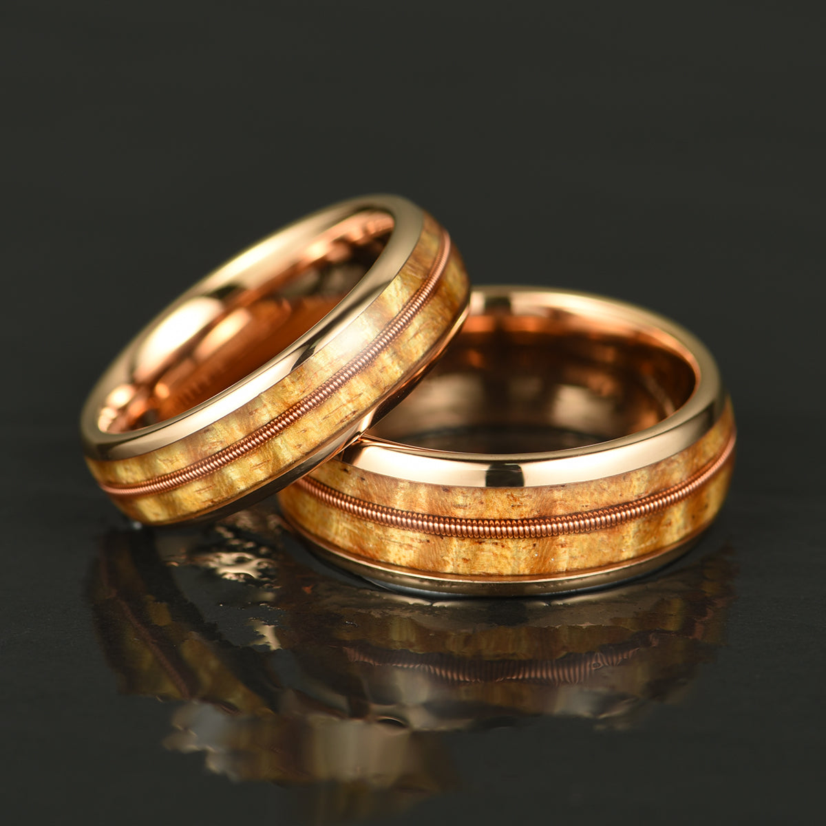 Rose Tungsten Koa Wood Guitar String Inlay Men's Wedding Band 8MM