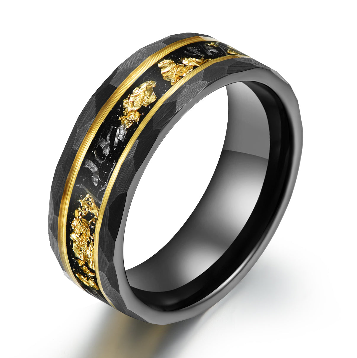 Meteorite & Gold Leaf Hammered Tungsten Mens Wedding Band 8MM