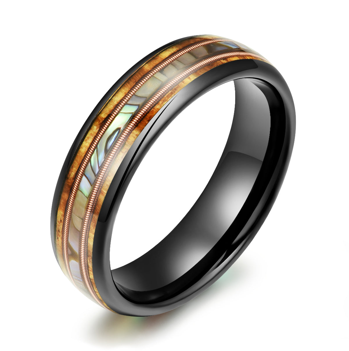 Hawaiian Koa Wood Abalone & Guitar String Tungsten Mens Wedding Ring 6MM - PRISTINE RINGS