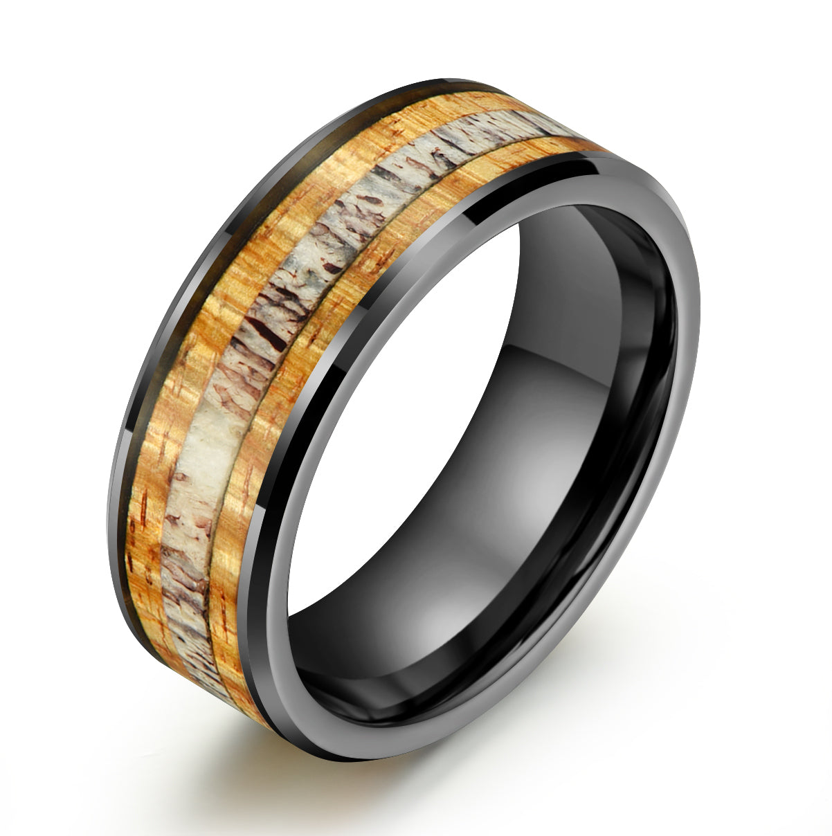 Hawaiian Koa Wood & Antler Black Tungsten Mens Wedding Band 8MM