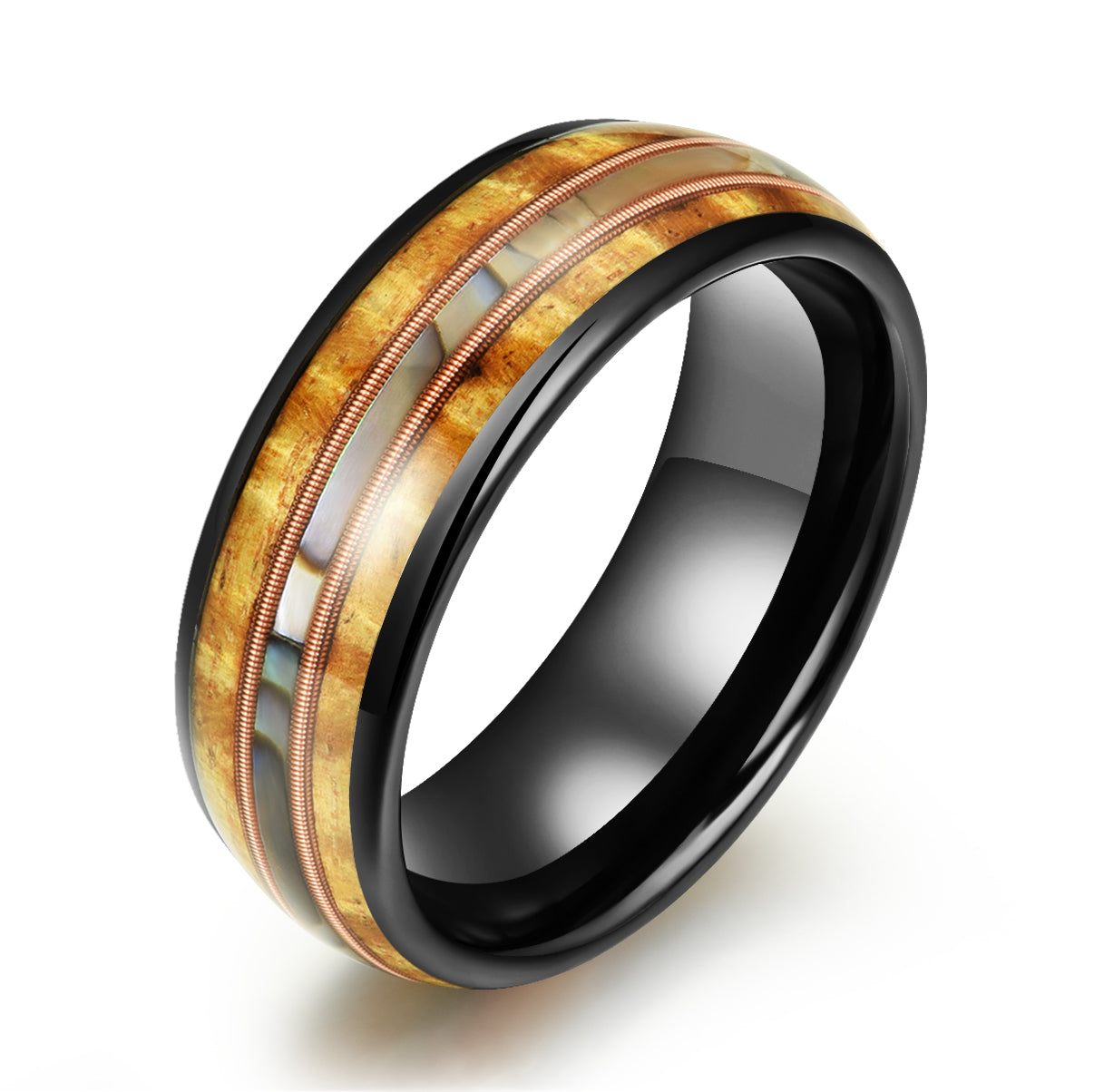 Hawaiian Koa Wood Abalone & Guitar String Tungsten Mens Wedding Ring 8MM - PRISTINE RINGS