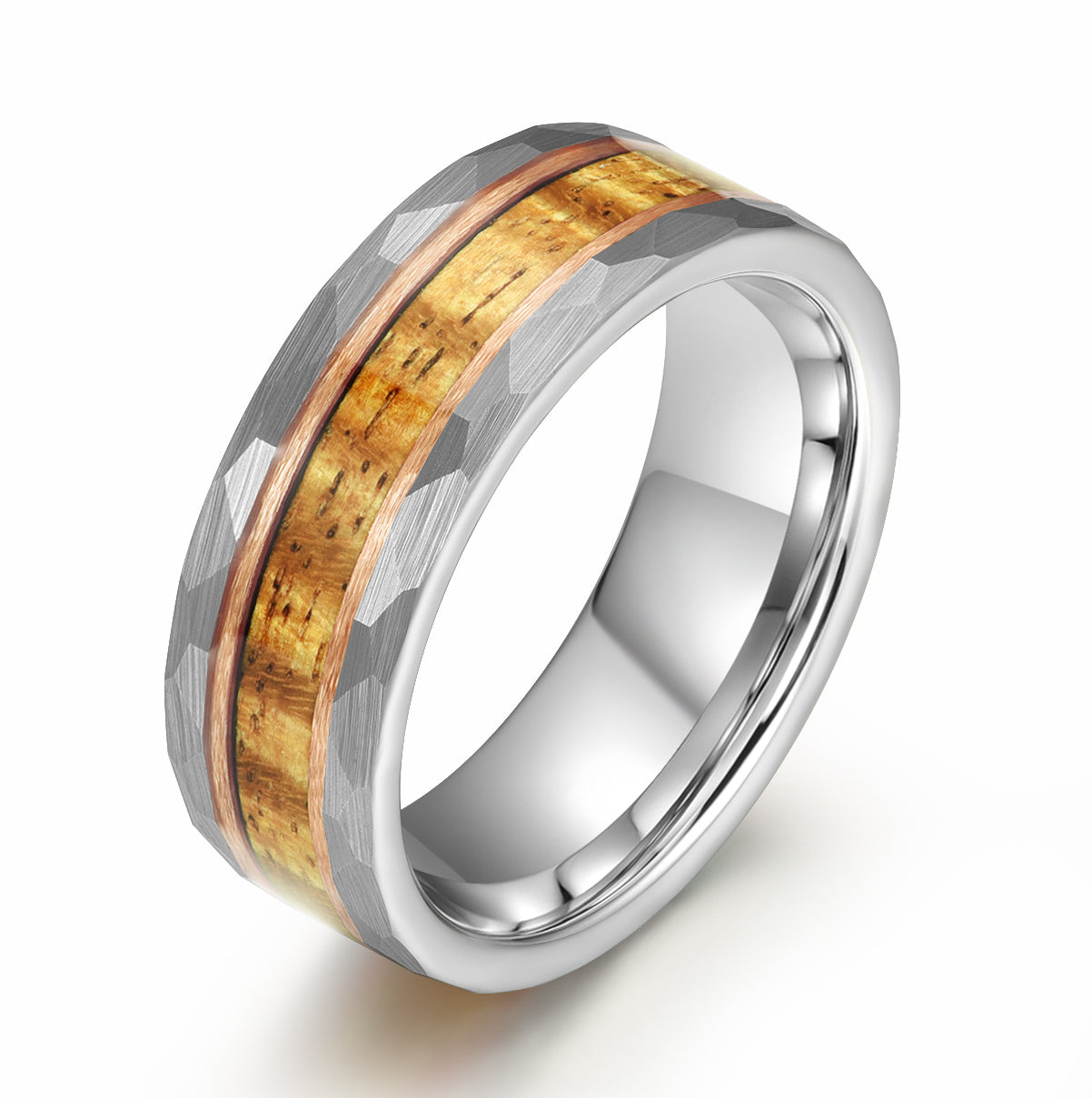 Hawaiian Koa Wood Hammered Tungsten Mens Wedding Band 8MM