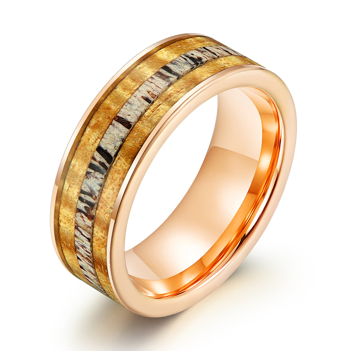 Hawaiian Koa Wood & Antler Rose Tungsten Mens Wedding Band 8MM