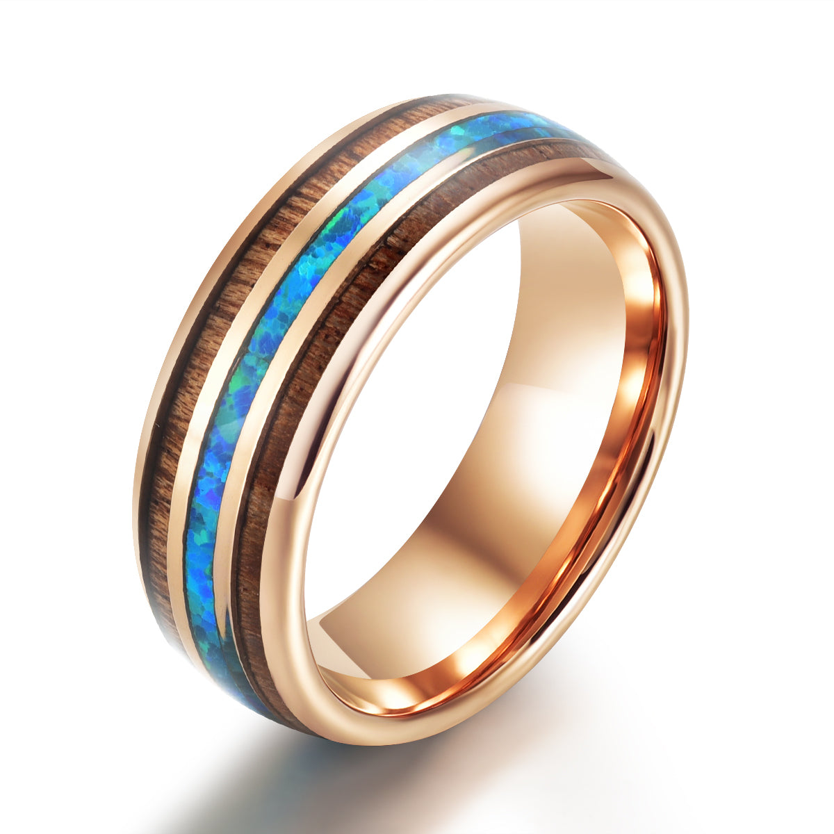 Rose Tungsten Koa Wood Opal Men's Wedding Band 8MM - PRISTINE RINGS