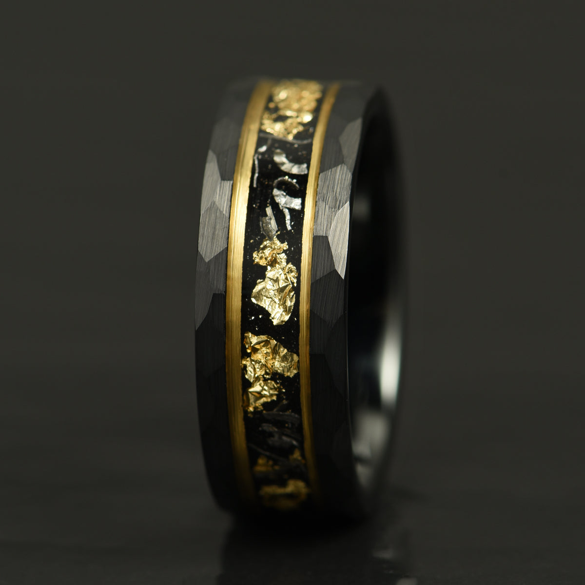 Meteorite & Gold Leaf Hammered Tungsten Mens Wedding Band 8MM