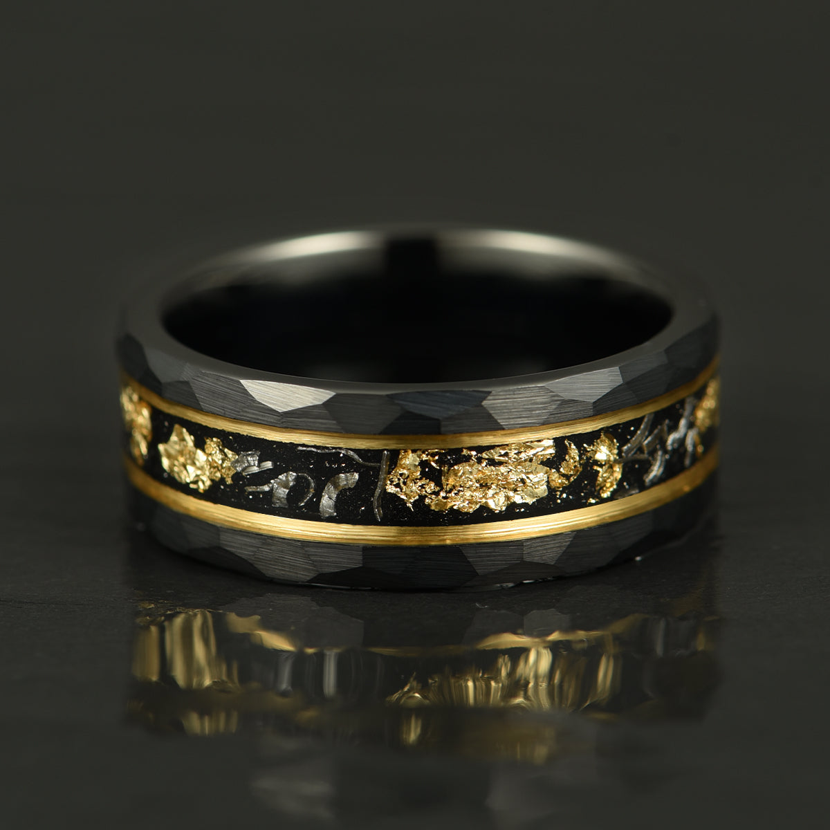 Meteorite & Gold Leaf Hammered Tungsten Mens Wedding Band 8MM