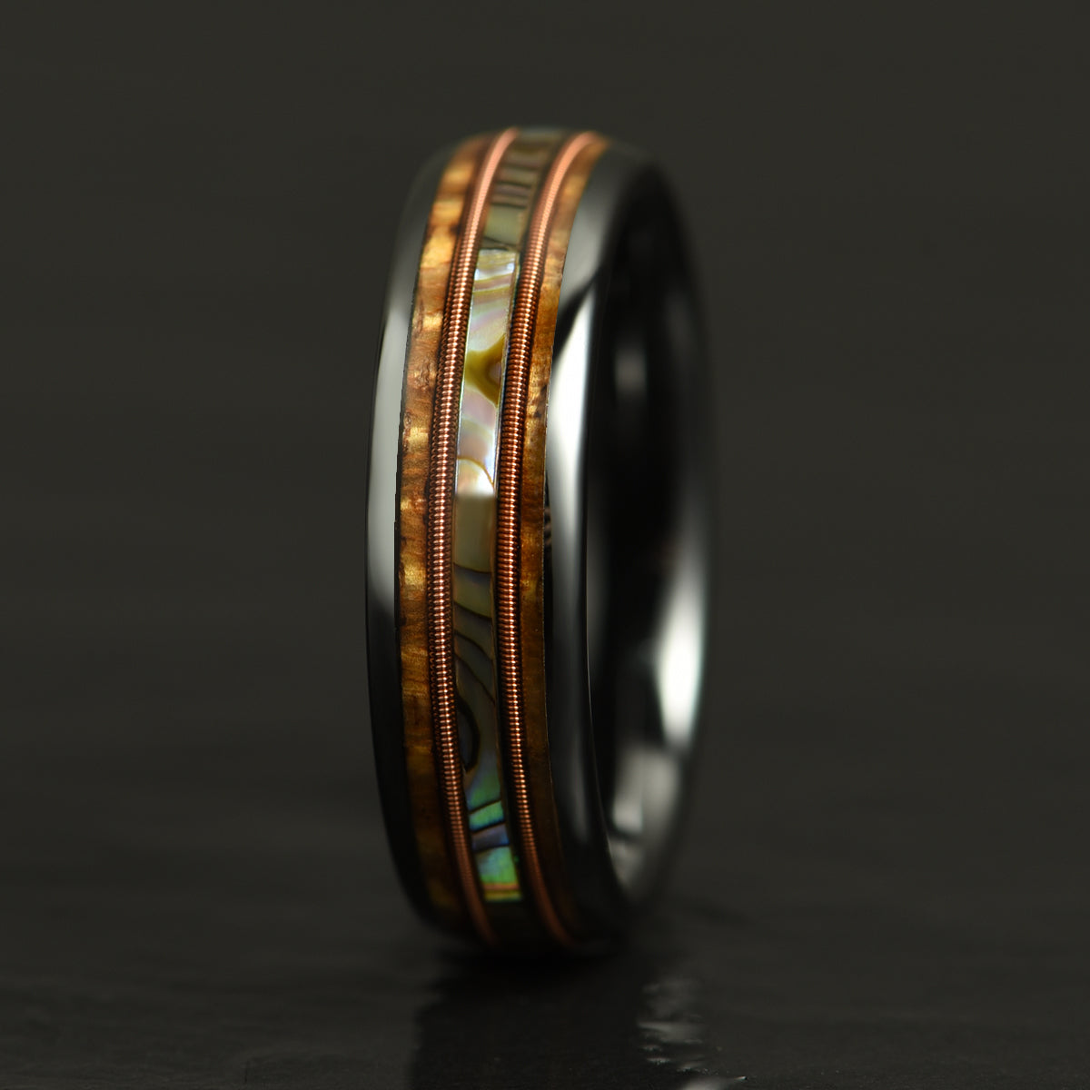 Hawaiian Koa Wood Abalone & Guitar String Tungsten Mens Wedding Ring 6MM - PRISTINE RINGS