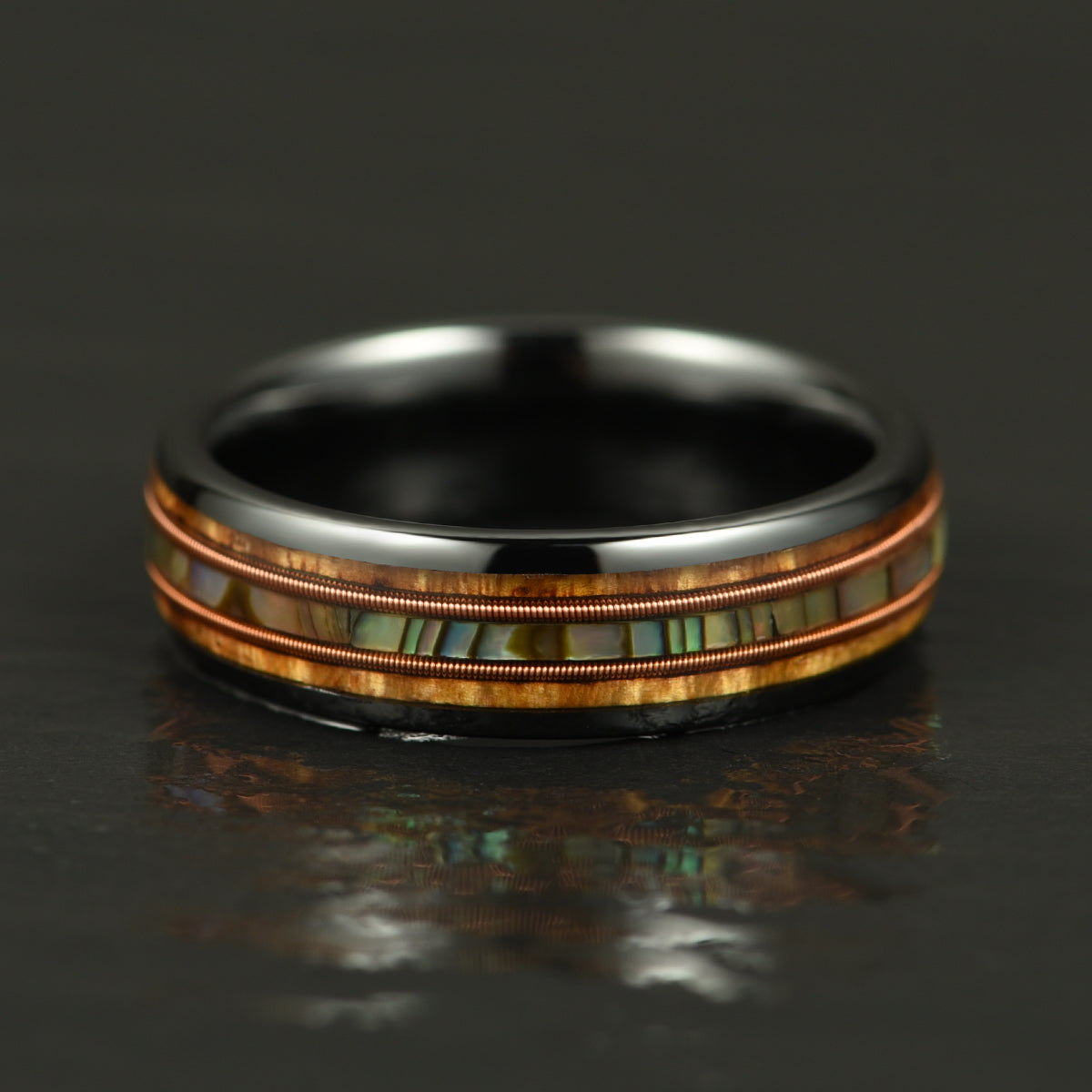 Hawaiian Koa Wood Abalone & Guitar String Tungsten Mens Wedding Ring 6MM - PRISTINE RINGS