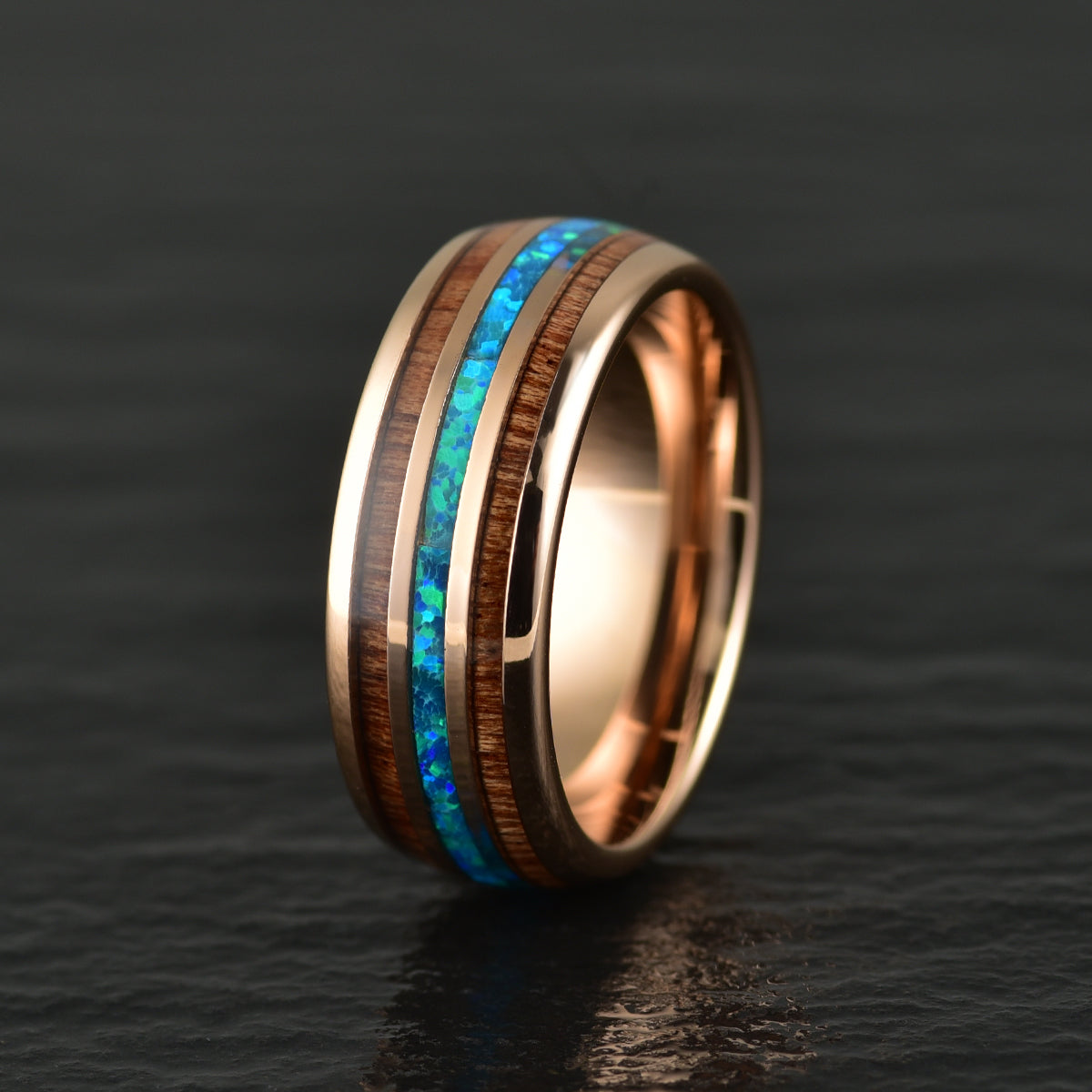 Rose Tungsten Koa Wood Opal Men's Wedding Band 8MM