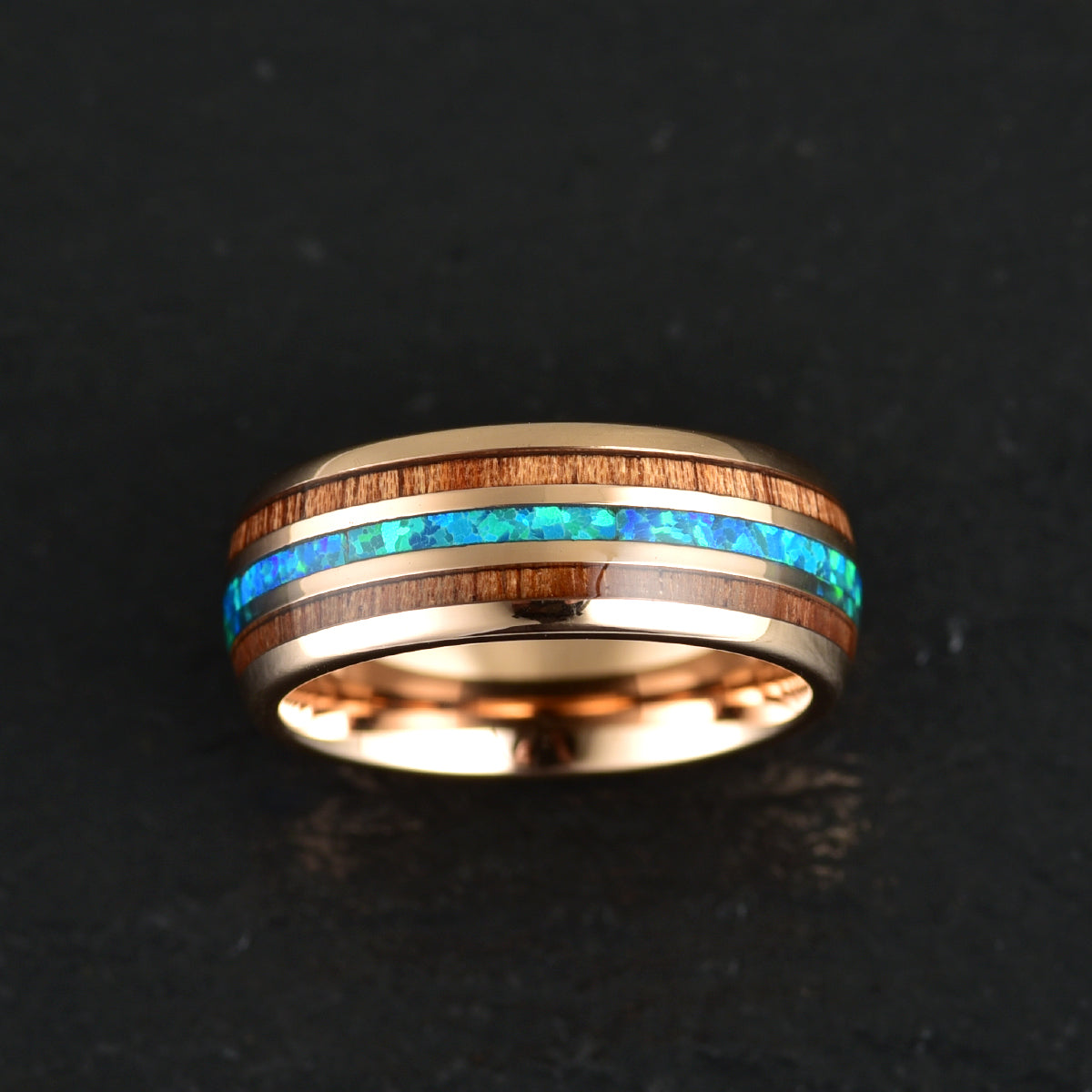 Rose Tungsten Koa Wood Opal Men's Wedding Band 8MM - PRISTINE RINGS