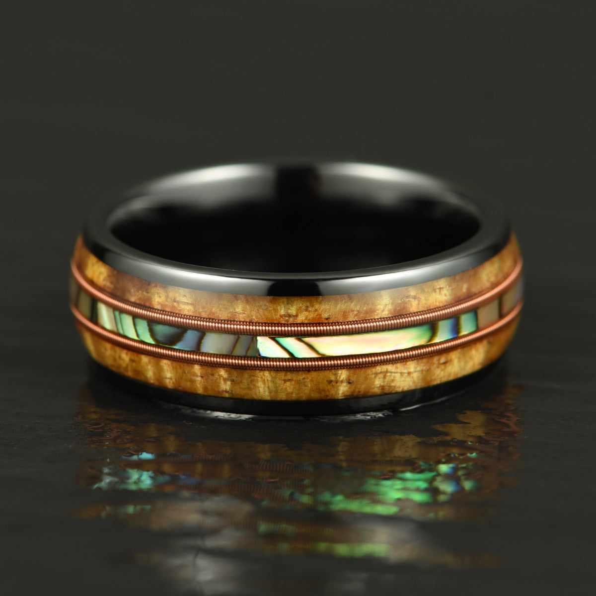 Hawaiian Koa Wood Abalone & Guitar String Tungsten Mens Wedding Ring 8MM - PRISTINE RINGS
