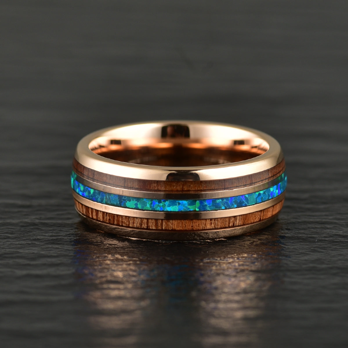 Rose Tungsten Koa Wood Opal Men's Wedding Band 8MM - PRISTINE RINGS
