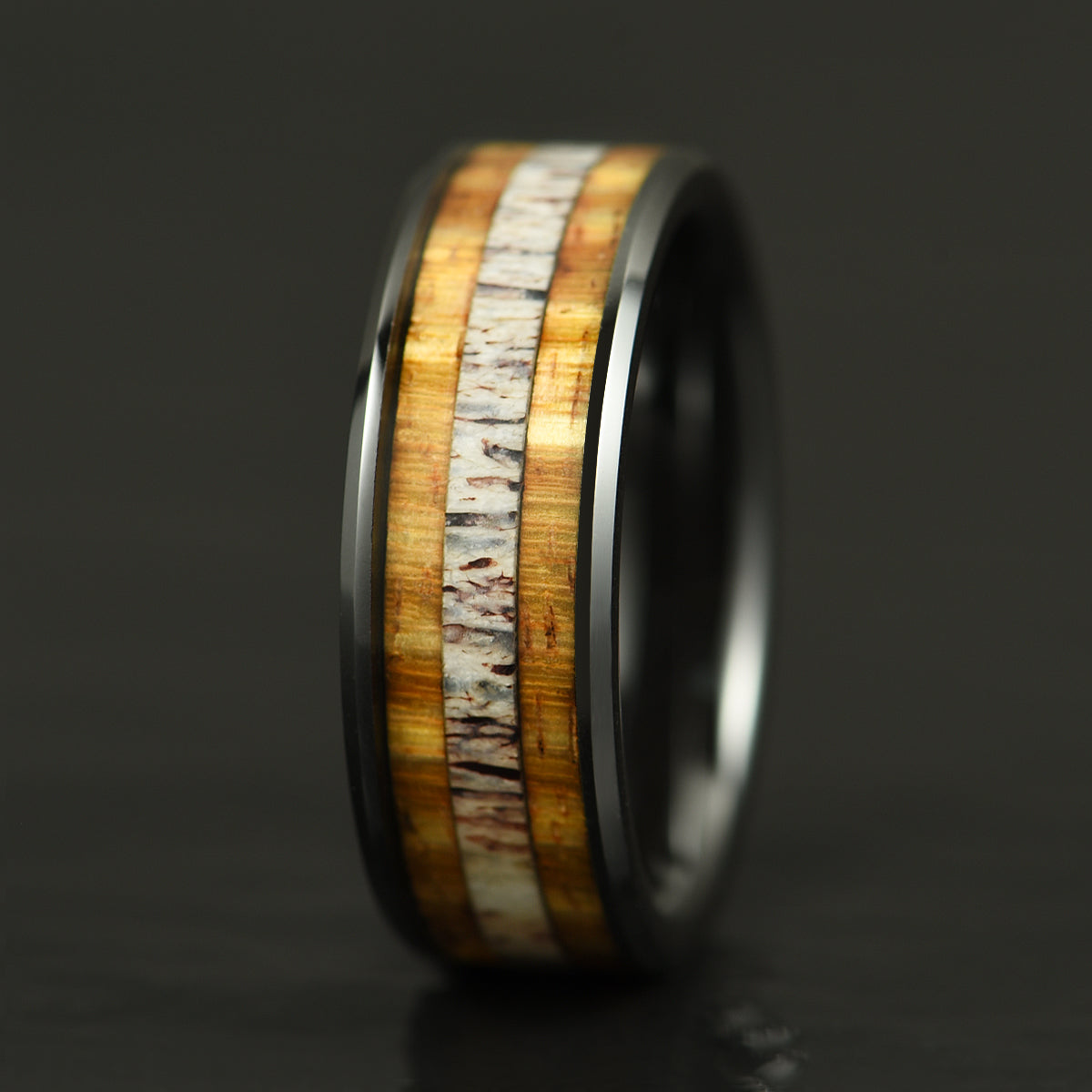 Hawaiian Koa Wood & Antler Black Tungsten Mens Wedding Band 8MM