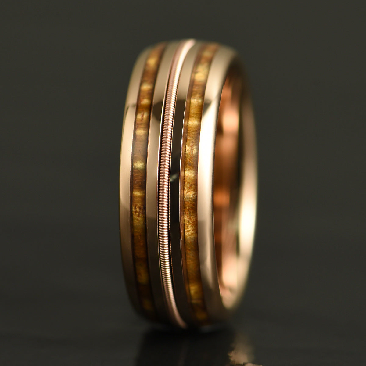 Hawaiian Koa Wood & Guitar String Rose Tungsten Mens Wedding Ring 8MM - PRISTINE RINGS