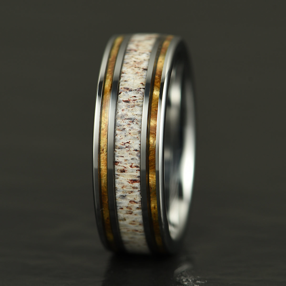 Hawaiian Koa Wood & Antler Tungsten Mens Wedding Band 8MM - PRISTINE RINGS