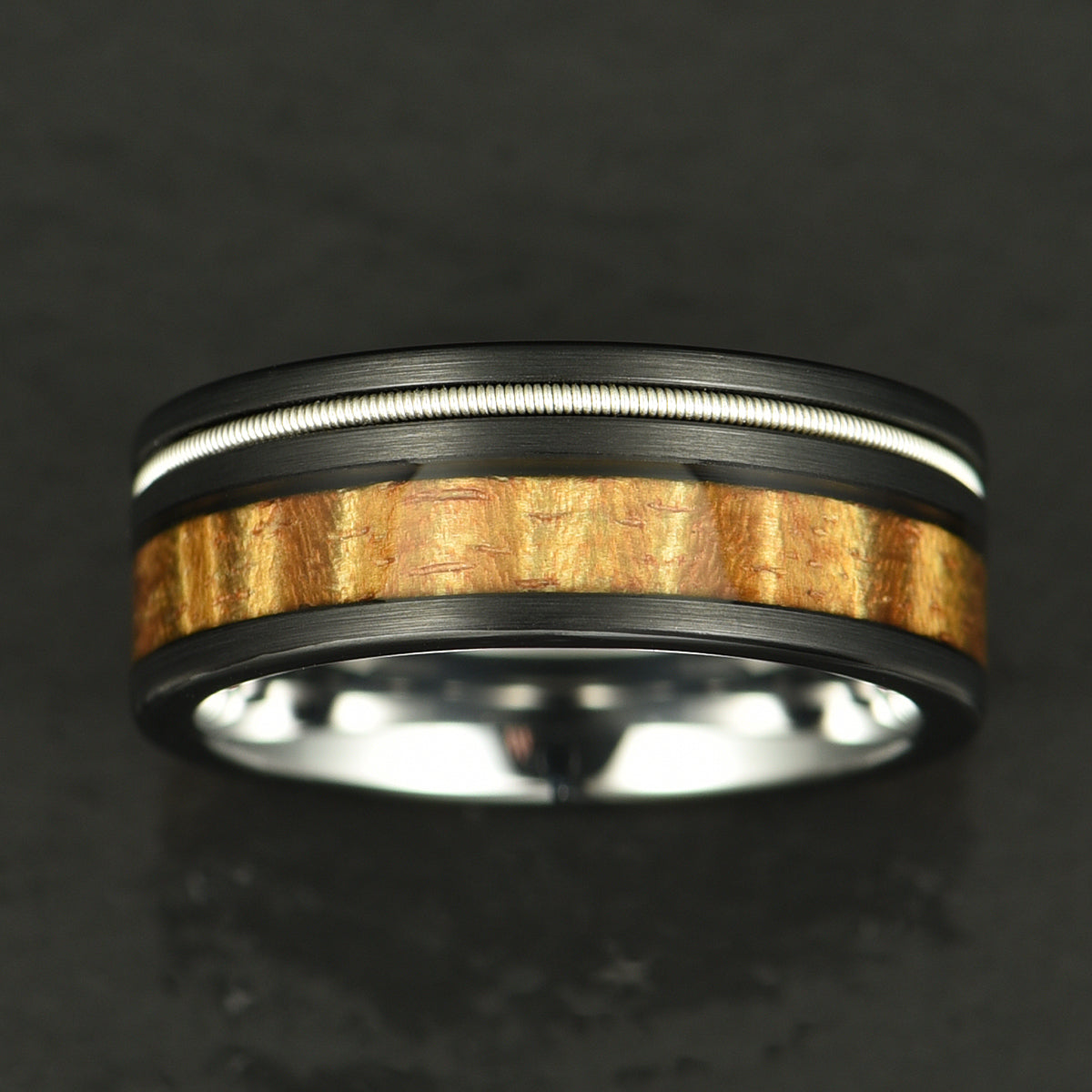 Hawaiian Koa Wood Guitar String Tungsten Mens Wedding Band 8MM