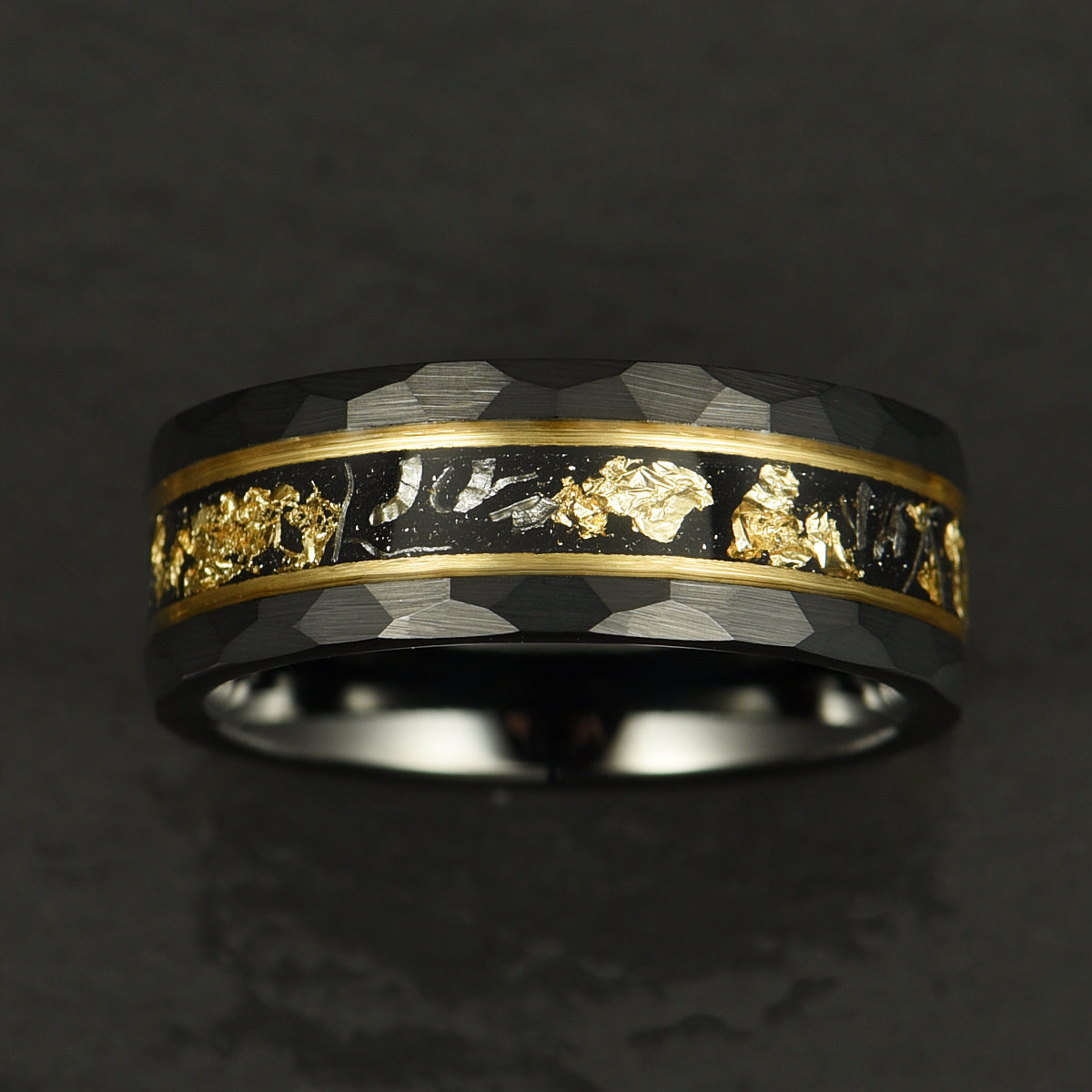 Meteorite & Gold Leaf Hammered Tungsten Mens Wedding Band 8MM