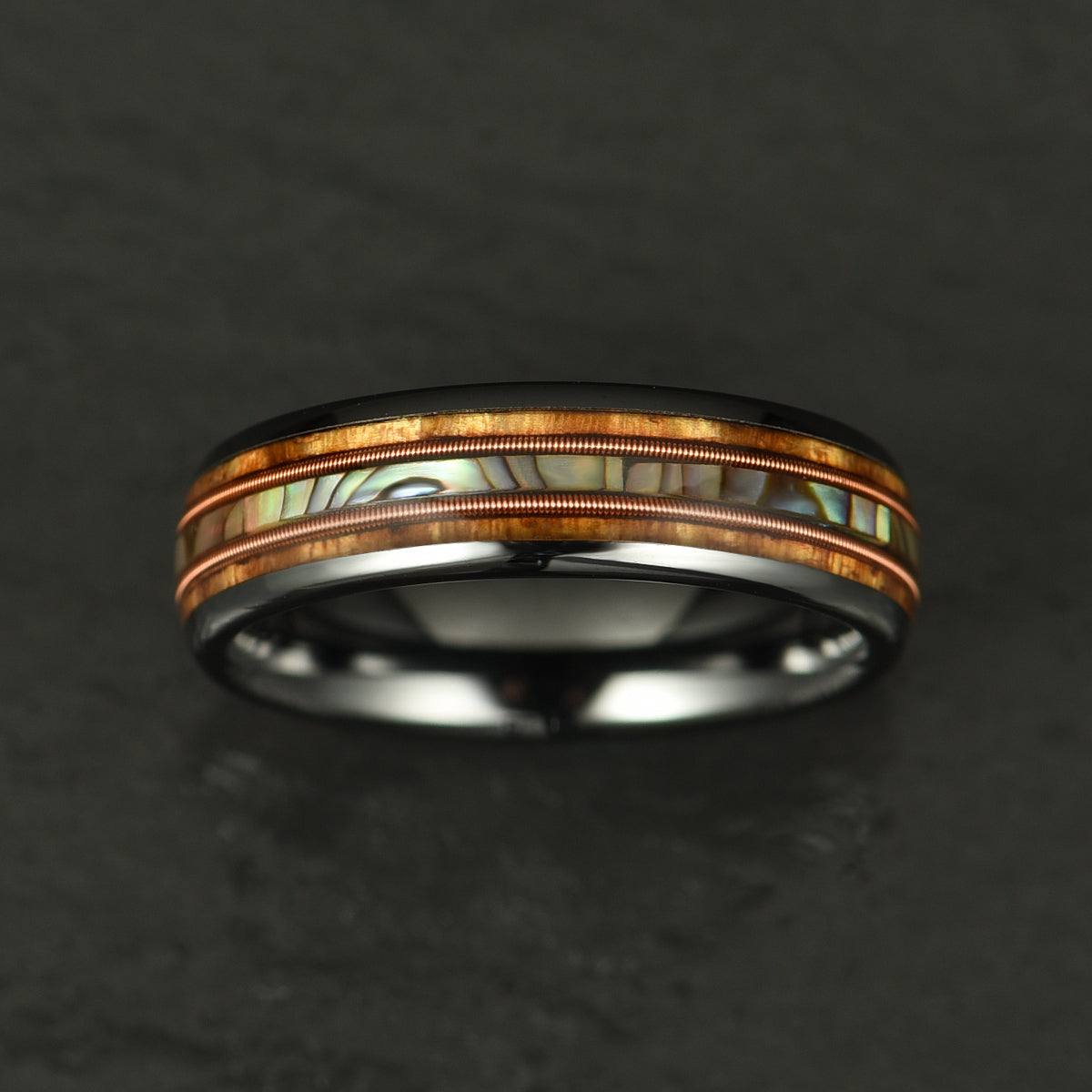 Hawaiian Koa Wood Abalone & Guitar String Tungsten Mens Wedding Ring 6MM - PRISTINE RINGS