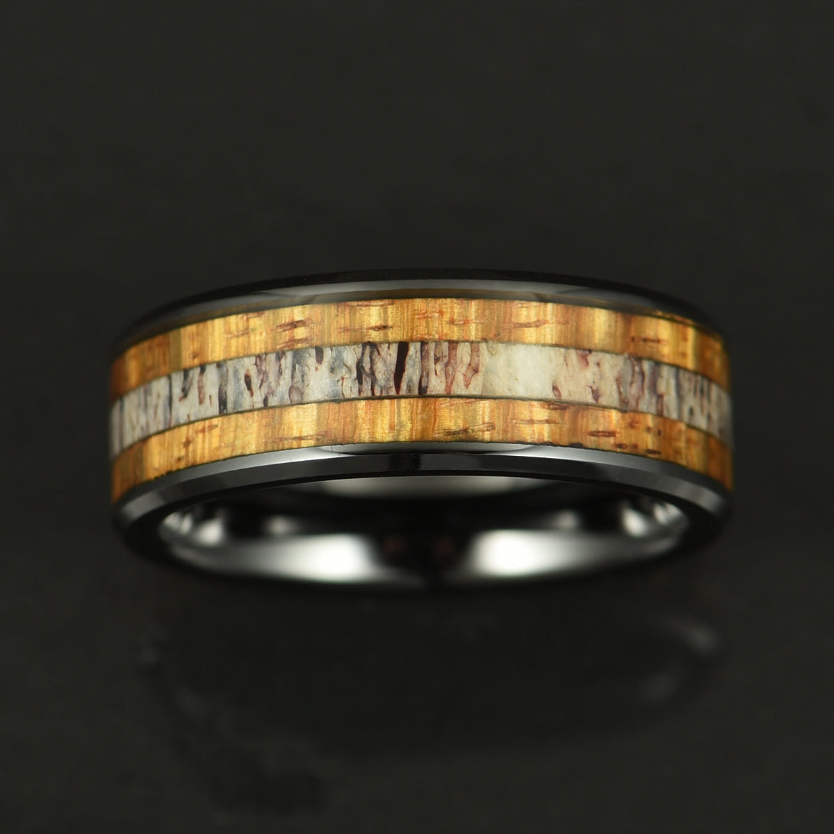 Hawaiian Koa Wood & Antler Black Tungsten Mens Wedding Band 8MM