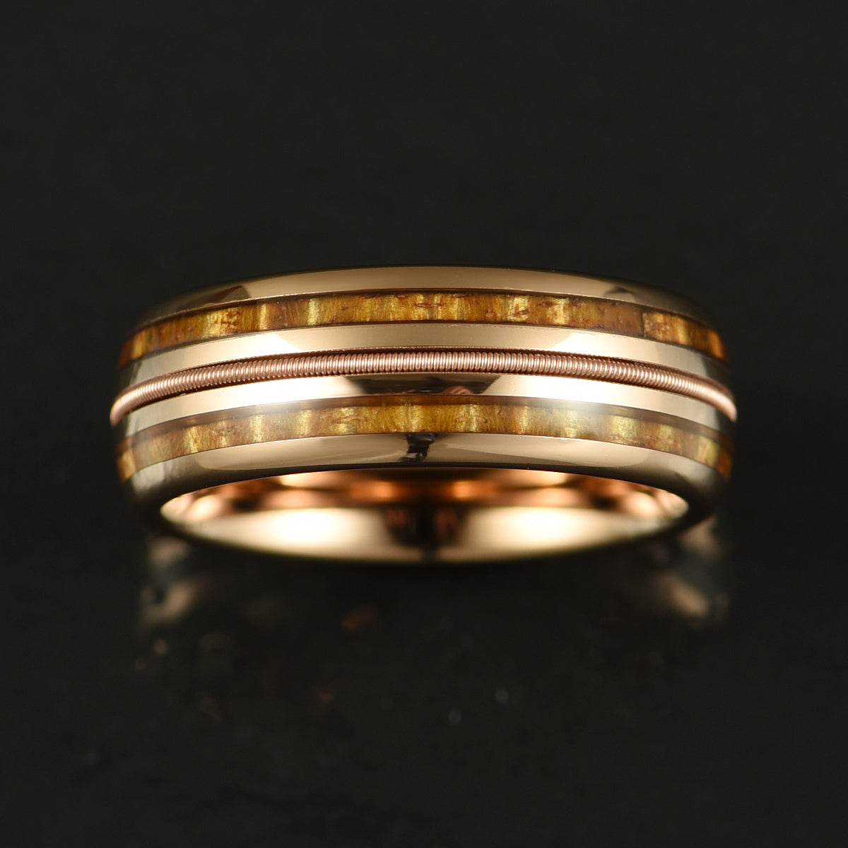 Hawaiian Koa Wood & Guitar String Rose Tungsten Mens Wedding Ring 8MM - PRISTINE RINGS