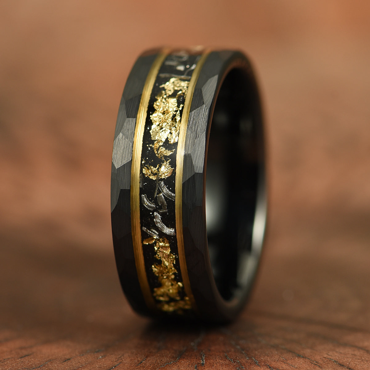 Meteorite & Gold Leaf Hammered Tungsten Mens Wedding Band 8MM
