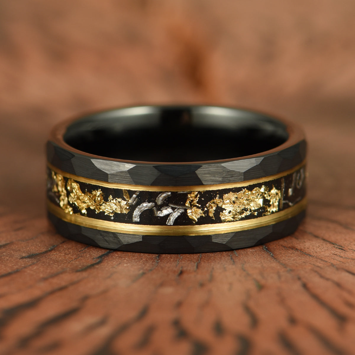Meteorite & Gold Leaf Hammered Tungsten Mens Wedding Band 8MM