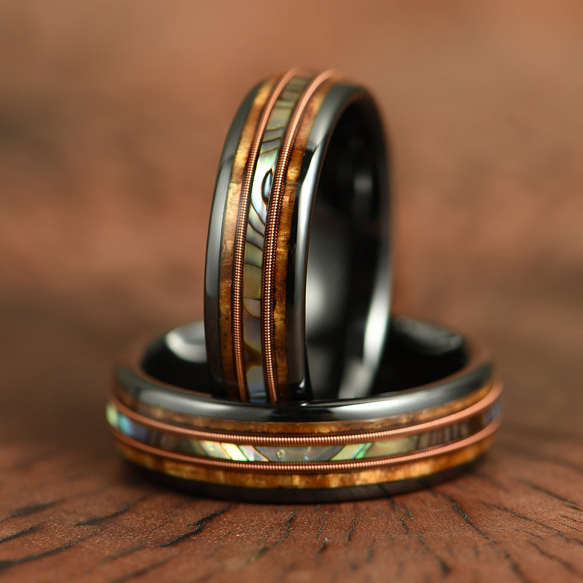 Hawaiian Koa Wood Abalone & Guitar String Tungsten Mens Wedding Ring 6MM - PRISTINE RINGS