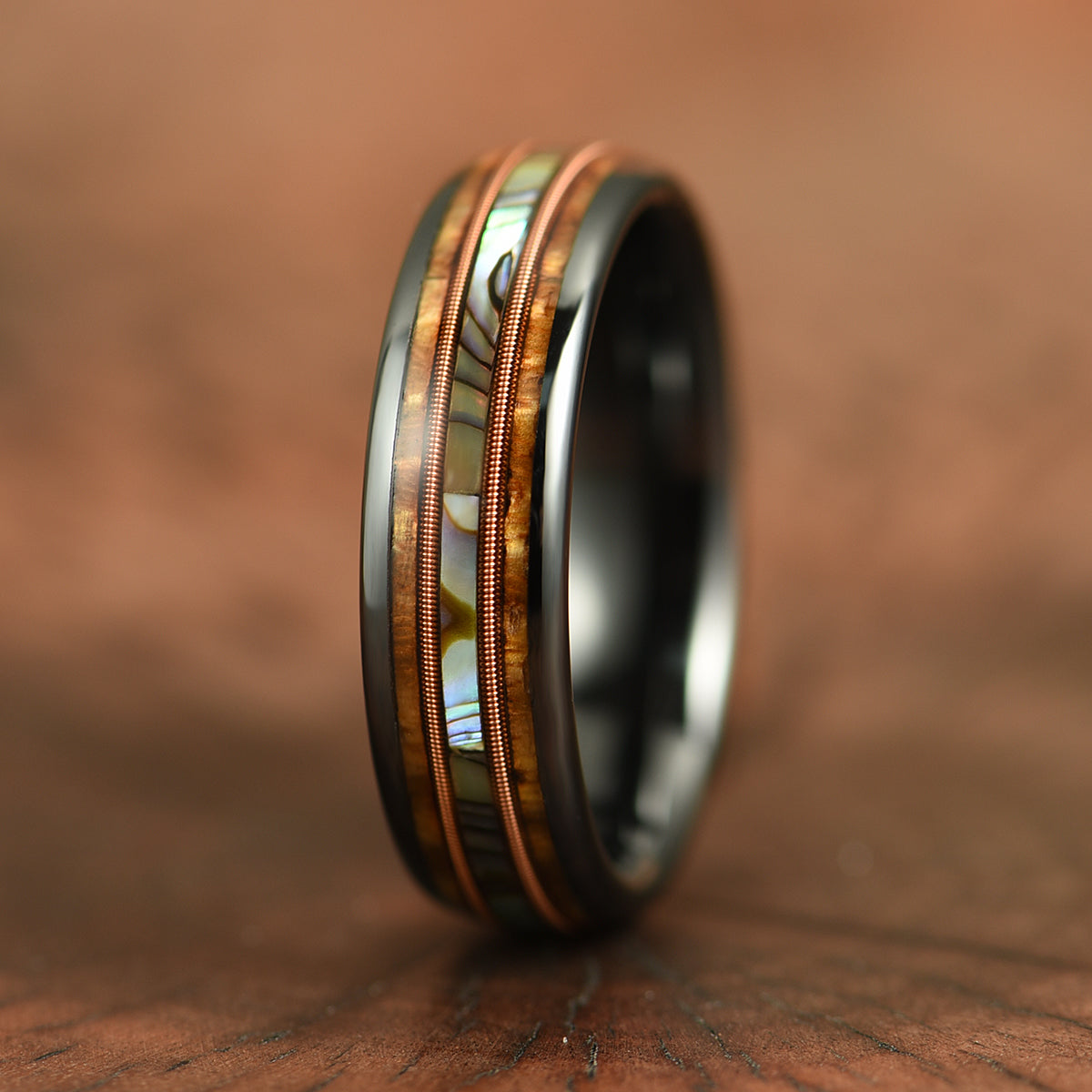 Hawaiian Koa Wood Abalone & Guitar String Tungsten Mens Wedding Ring 6MM - PRISTINE RINGS