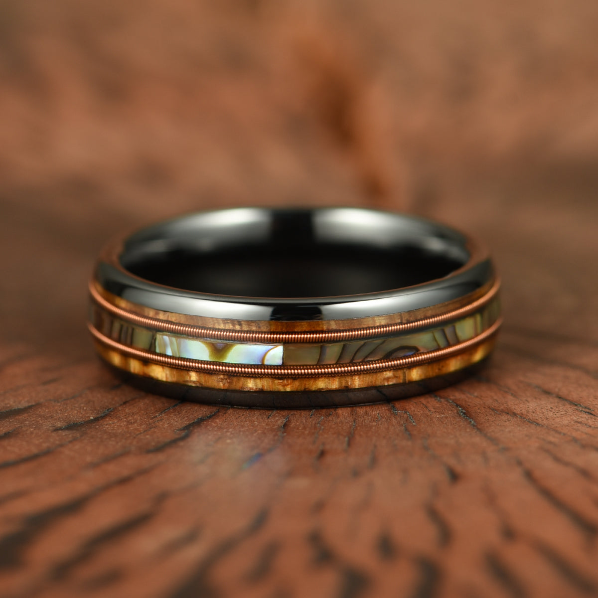 Hawaiian Koa Wood Abalone & Guitar String Tungsten Mens Wedding Ring 6MM - PRISTINE RINGS