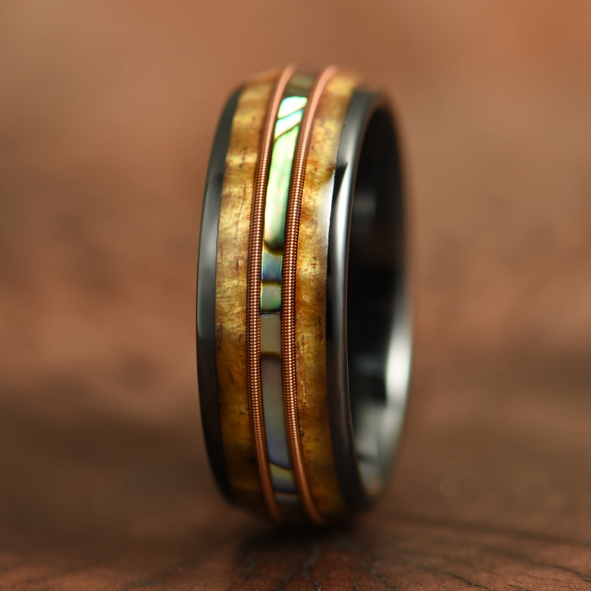 Hawaiian Koa Wood Abalone & Guitar String Tungsten Mens Wedding Ring 8MM - PRISTINE RINGS