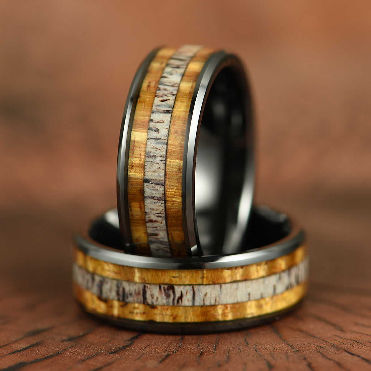 Hawaiian Koa Wood & Antler Black Tungsten Mens Wedding Band 8MM