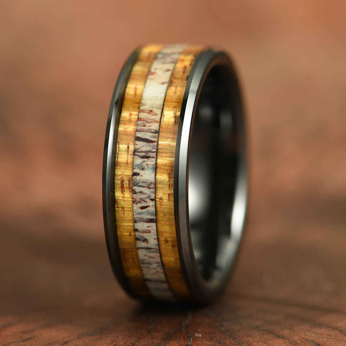 Hawaiian Koa Wood & Antler Black Tungsten Mens Wedding Band 8MM