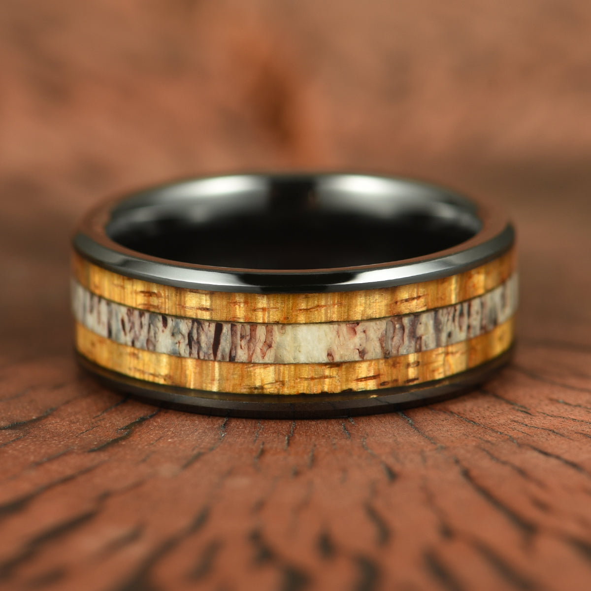 Hawaiian Koa Wood & Antler Black Tungsten Mens Wedding Band 8MM